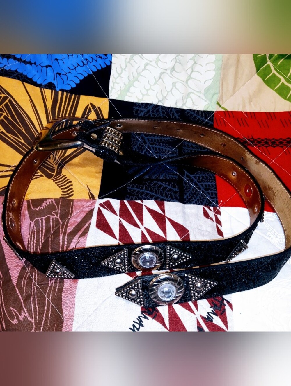 Vintage Leather rock Black Leather Studded Belt with Decorative Silver Conchos.